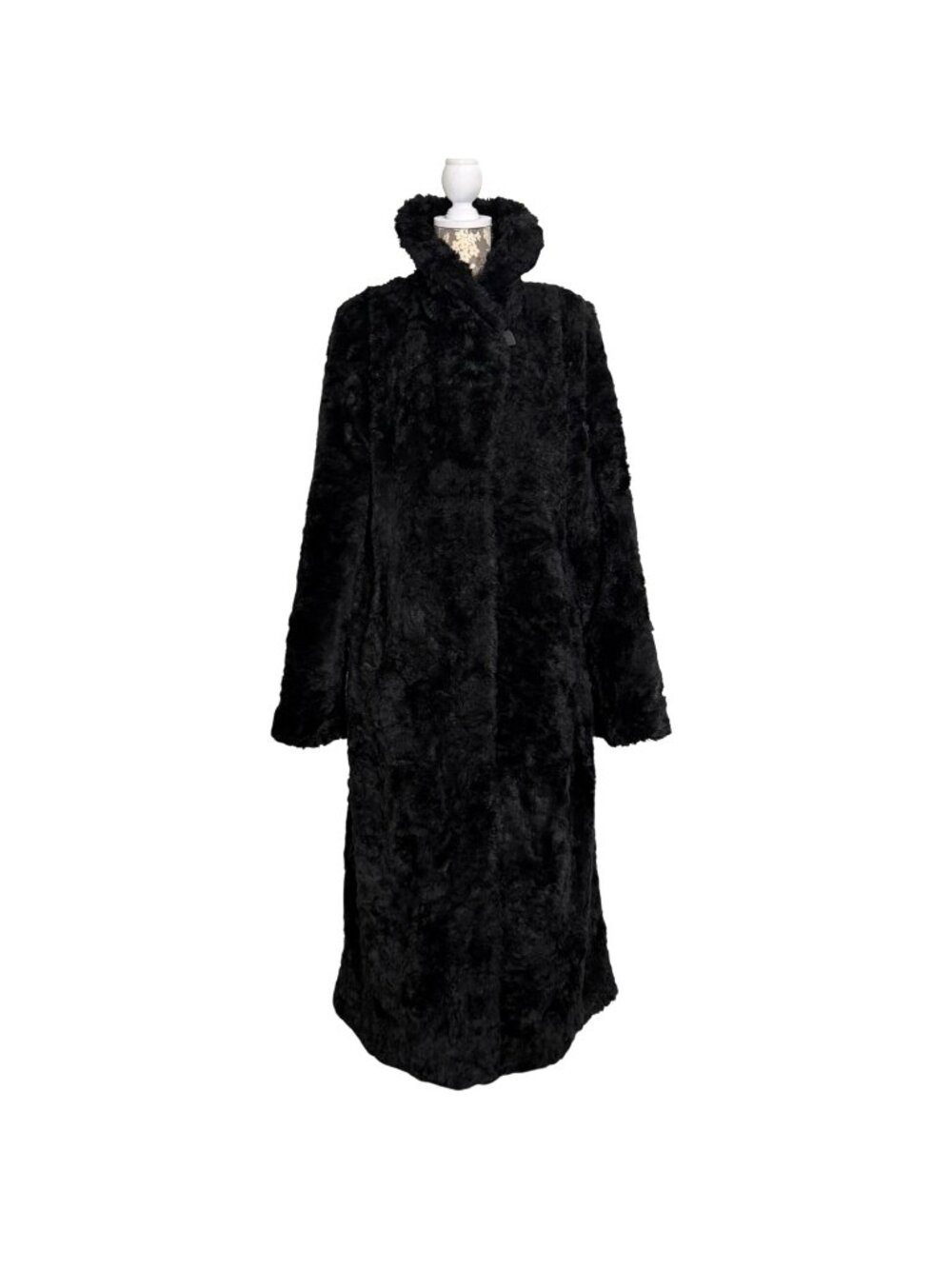 Vintage Pamela McCoy Black Faux Fur Tiger Mills Lined Floor Length Coat Womens M
